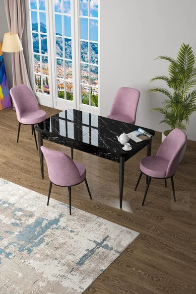 Canisa Concept Zen Serisi 80x132 Mdf Açılabilir Siyah Mermer Desen Masa Takımı ve 4 Pembe Sandalye ürün görseli 1