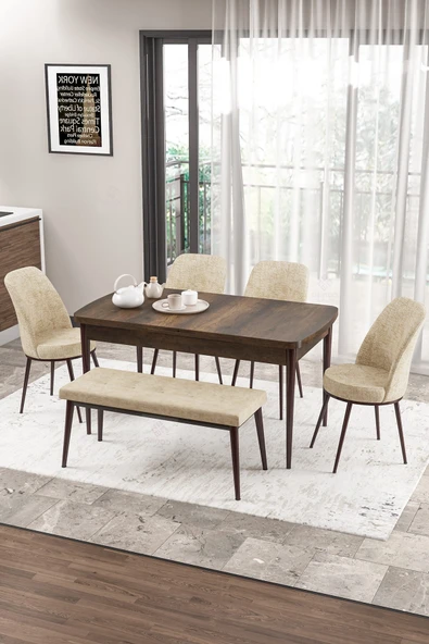 Canisa Concept Zen Serisi 80x132 Mdf Açılabilir Barok Ahşap Desen Masa Takımı 4 Krem Sandalye Ve 1 Bench ürün görseli 1