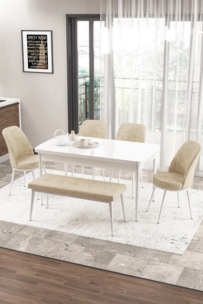 Canisa Concept Zen Serisi 80x132 Mdf Açılabilir Beyaz Masa Takımı 4 Krem Sandalye Ve 1 Bench ürün görseli 1
