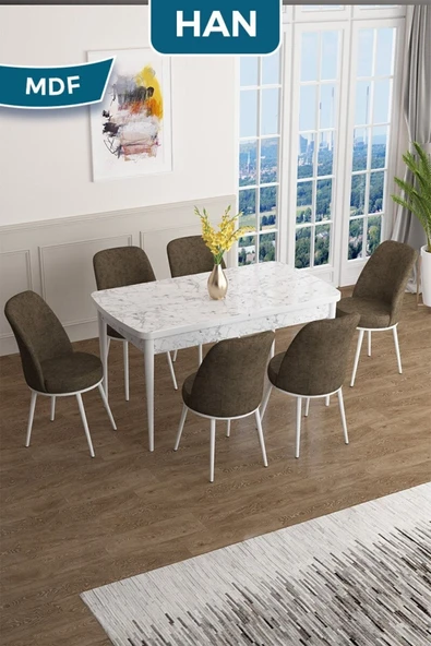 Canisa Han Serisi, 70x114 Açılabilir Mdf Masa Takımı, Beyaz Mermer Desen Masa Ve 6 Kahve Sandalye ürün görseli 1