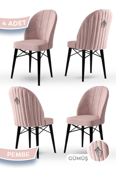 Canisa Ritim Serisi 4 Adet Pembe Sandalye 1.sınıf Babyface Ithal Kumaş Siyah Gürgen Ayak Gümüş Halkalı ürün görseli 1