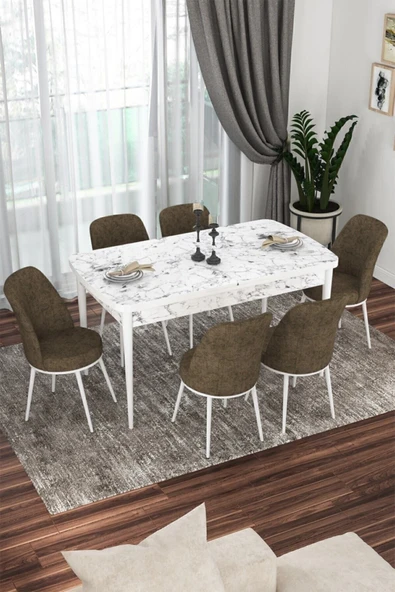 Canisa Concept Kor Serisi 70x114 Açılabilir Mutfak Masası Takımı Beyaz Mermer Desen Masa 6 Kahverengi Sandalye ürün görseli 1