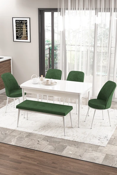 Canisa Concept Zen Serisi 80x132 Mdf Açılabilir Beyaz Masa Takımı 4 Haki Yeşil Sandalye Ve 1 Bench ürün görseli 1