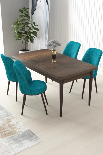 Canisa Concept Nil Serisi 70x110 Sabit Mutfak Masası Takımı Barok Desen Masa 4 Turkuaz Sandalye ürün görseli 1
