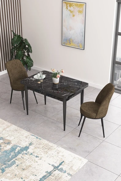 Canisa Concept Nil Serisi 70x110 Sabit Mutfak Masası Takımı Siyah Mermer Desen Masa 2 Kahverengi Sandalye ürün görseli 1