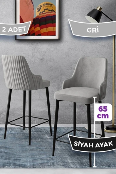 Canisa Tera Serisi 2 Gri Sandalye 65 Cm Ada Mutfak Bar Sandalyesi Babyface Kumaş Siyah Metal Ayaklı ürün görseli 1