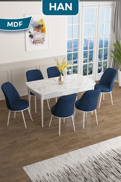 Canisa Han Serisi, 70x114 Açılabilir Mdf Masa Takımı, Beyaz Mermer Desen Masa Ve 6 Lacivert Sandalye ürün görseli 1