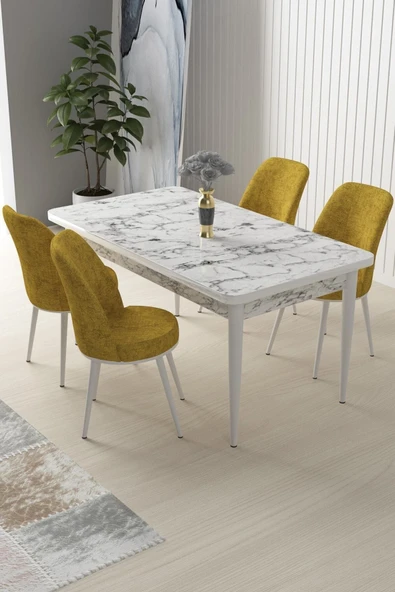 Canisa Concept Nil Serisi 70x110 Sabit Mutfak Masası Takımı Beyaz Mermer Desen Masa 4 Hardal Sandalye ürün görseli 1
