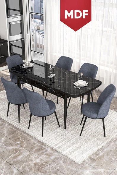 Canisa Concept Kor Serisi 70x114 Açılabilir MDF  Mutfak Masası Takımı Siyah Mermer Desen Masa 6 Füme Sandalye ürün görseli 1