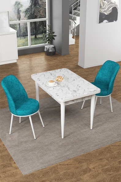 Canisa Concept Nil Serisi 70x110 Sabit Mutfak Masası Takımı Beyaz Mermer Desen Masa 2 Turkuaz Sandalye ürün görseli 1