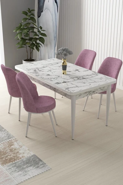 Canisa Concept Nil Serisi 70x110 Sabit Mutfak Masası Takımı Beyaz Mermer Desen Masa 4 Pembe Sandalye ürün görseli 1