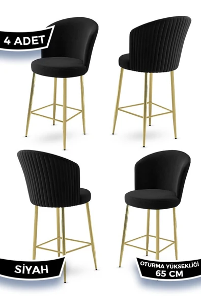 Canisa Alte Serisi 4 Adet Babyface Kumaş 65 cm Gold Kaplama Ayaklı Siyah Bar Sandalyesi ürün görseli 1