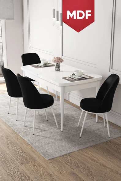Canisa Concept Kor Serisi 70x114 Açılabilir Mutfak Masası Takımı Beyaz Masa 4 Siyah Sandalye ürün görseli 1