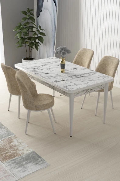 Canisa Concept Nil Serisi 70x110 Sabit Mutfak Masası Takımı Beyaz Mermer Desen Masa 4 Krem Sandalye ürün görseli 1