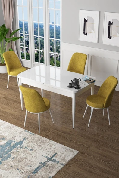 Canisa Concept Zen Serisi 80x132 Mdf Açılabilir Beyaz Masa Takımı Ve 4 Hardal Sandalye ürün görseli 1