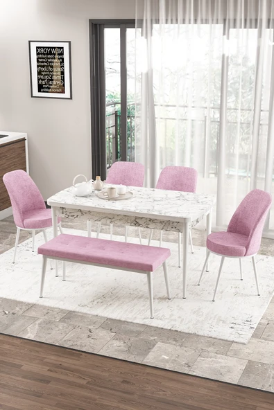 Canisa Concept Zen Serisi 80x132 Mdf Açılabilir Beyaz Mermer Desen Masa Takımı 4 Pembe Sandalye Ve 1 Bench ürün görseli 1