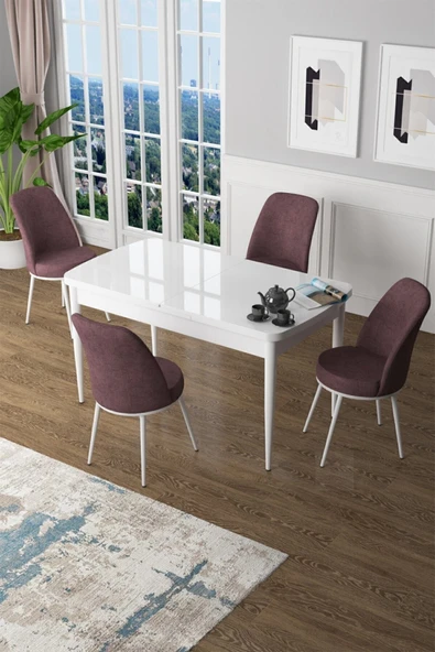 Canisa Concept Zen Serisi 80x132 Mdf Açılabilir Beyaz Masa Takımı Ve 4 Gül Kurusu Sandalye ürün görseli 1