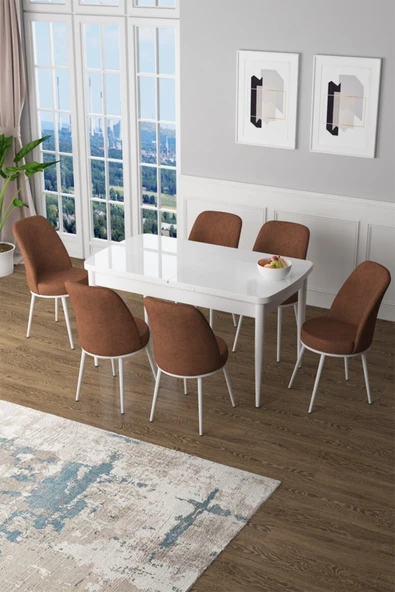 Canisa Concept Canisa Zen Serisi 1.sınıf Mdf Açılabilir Mutfak Masası Takımı Beyaz Masa+6 Kiremit Sandalye ürün görseli 1