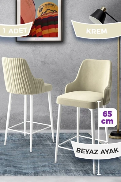 Canisa Tera Serisi 1 Adet 65 Cm Krem Ada Mutfak Bar Sandalyesi Babyface Kumaş Beyaz Metal Ayaklı ürün görseli 1