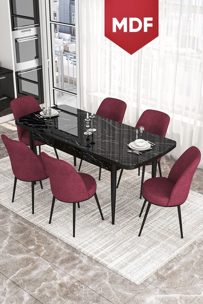 Canisa Concept Kor Serisi 70x114 Açılabilir MDF Mutfak Masası Takımı Siyah Mermer Desen Masa 6 Bordo Sandalye ürün görseli 1