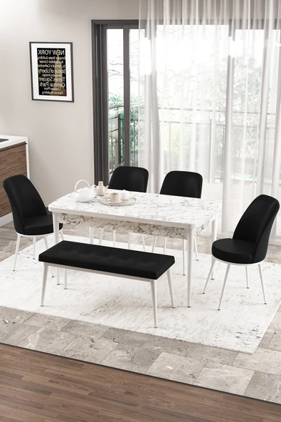 Canisa Concept Zen Serisi 80x132 Mdf Açılabilir Beyaz Mermer Desen Masa Takımı 4 Siyah Sandalye Ve 1 Bench ürün görseli 1
