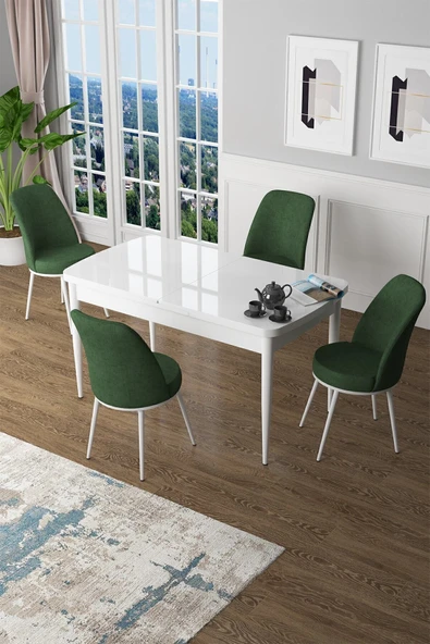 Canisa Concept Zen Serisi 80x132 Mdf Açılabilir Beyaz Masa Takımı Ve 4 Yeşil Sandalye ürün görseli 1