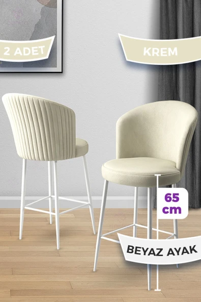 Canisa Alte Serisi 2 Adet Krem Sandalye 65 Cm Ada Mutfak Bar Sandalyesi Babyface Kumaş Beyaz Metal Ayak ürün görseli 1