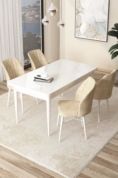 Canisa Concept Arp Serisi, 71x110 Sabit Mutfak Masa Takımı,beyaz Masa 4 Krem Sandalye ürün görseli 1