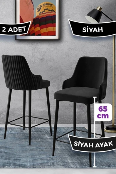 Canisa Tera Serisi 2 Siyah Sandalye 65 Cm Ada Mutfak Bar Sandalyesi Babyface Kumaş Siyah Metal Ayaklı ürün görseli 1