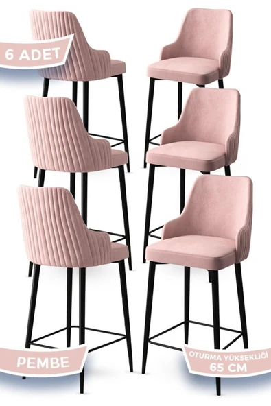 Canisa Tera Serisi 6 Pembe Sandalye 65 Cm Ada Mutfak Bar Sandalyesi Babyface Kumaş Siyah Metal Ayaklı ürün görseli 1