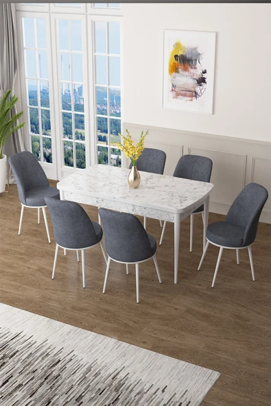 Canisa Concept Zen Serisi 80x132 Mdf Açılabilir Beyaz Mermer Desen Masa Takımı Ve 6 Füme Sandalye ürün görseli 1