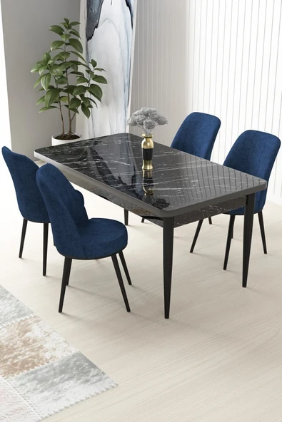 Canisa Concept Nil Serisi 70x110 Sabit Mutfak Masası Takımı Siyah Mermer Desen Masa 4 Lacivert Sandalye ürün görseli 1