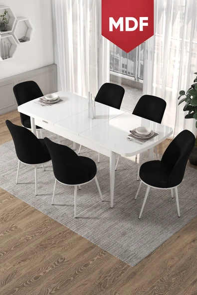 Canisa Concept Kor Serisi 70x114 Açılabilir MDF Mutfak Masası Takımı Beyaz Masa 6 Siyah Sandalye ürün görseli 1