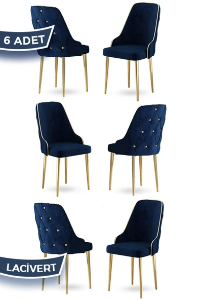 Canisa Krax Serisi 1.sınıf Babyface Kumaş Yemek Odası Sandalyesi Gold Metal Ayak 6 Adet Lacivert Sandalye ürün görseli 1