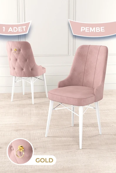 Canisa Pare Serisi, 1.sınıf Babyface Kumaş Yemek Odası Pembe Sandalye, Beyaz Gürgen Ayak, Gold Halkalı ürün görseli 1
