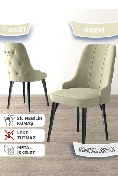 Canisa Newa Serisi, 1.sınıf Babyface Kumaş Siyah Metal Ayak Gümüş Halkalı, 1 Adet Krem Sandalye ürün görseli 1