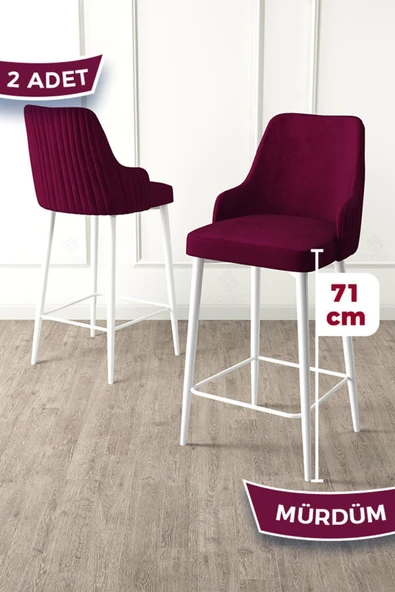 Canisa Enox Serisi, 2 Adet Mürdüm Sandalye Yemek Odası Bar Sandalyesi, Babyface Kumaş, Beyaz Metal Ayak, ürün görseli 1