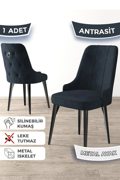 Canisa Newa Serisi, 1.sınıf Babyface Kumaş Siyah Metal Ayak Gümüş Halkalı, 1 Adet Antrasit Sandalye ürün görseli 1