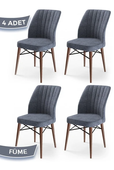Canisa Flex Serisi, Üst Kalite Yemek Odası Sandalyesi, 4 Adet Füme Sandalye, Gürgen Ceviz Ahşap Ayak ürün görseli 1