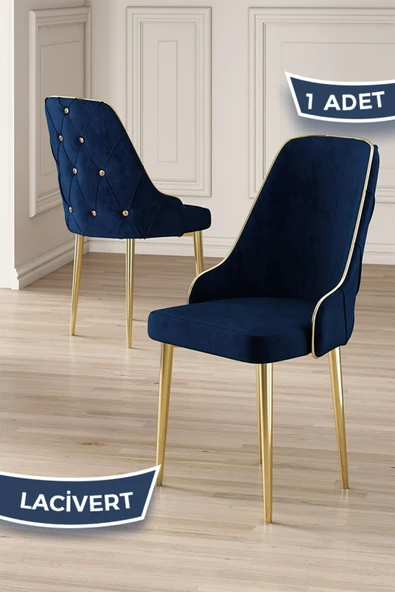 Canisa Krax Serisi 1.sınıf Babyface Kumaş Yemek Odası Sandalyesi Gold Metal Ayak 1 Adet Lacivert Sandalye ürün görseli 1