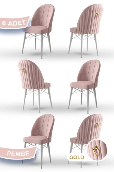 Canisa Ritim Serisi, 1.sınıf Babyface Ithal Kumaş, 6 Adet Pembe Sandalye, Beyaz Gürgen Ayak, Gold Halkalı ürün görseli 1
