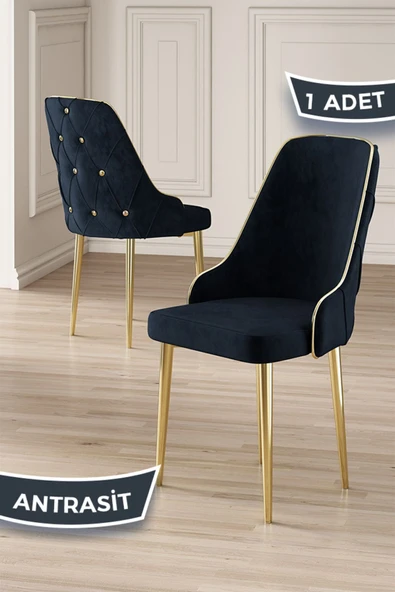 Canisa Krax Serisi 1.sınıf Babyface Kumaş Yemek Odası Sandalyesi Gold Metal Ayak 1 Adet Antrasit Sandalye ürün görseli 1