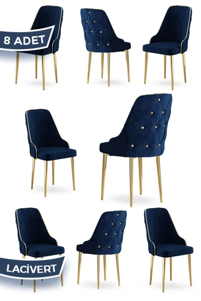 Canisa Krax Serisi 1.sınıf Babyface Kumaş Yemek Odası Sandalyesi Gold Metal Ayak 8 Adet Lacivert Sandalye ürün görseli 1
