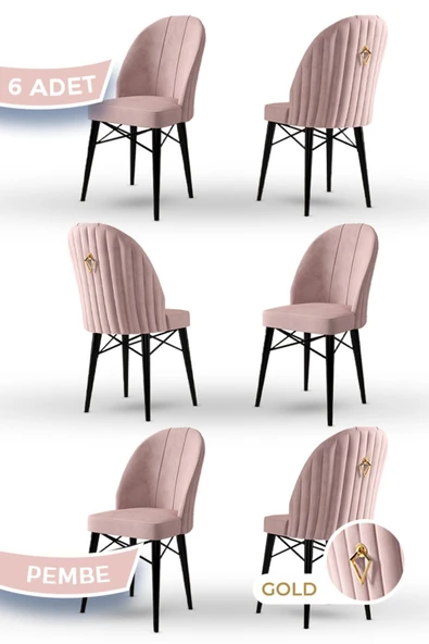 Canisa Ritim Serisi, 1.sınıf Babyface Kumaş, 6 Adet Pembe Sandalye, Siyah Gürgen Ayak, Gold Halkalı ürün görseli 1