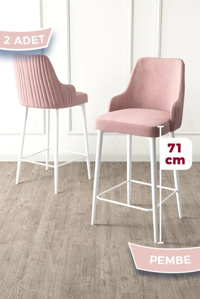 Canisa Enox Serisi, 2 Adet Pembe Sandalye Yemek Odası Bar Sandalyesi, Babyface Kumaş, Beyaz Metal Ayak, ürün görseli 1