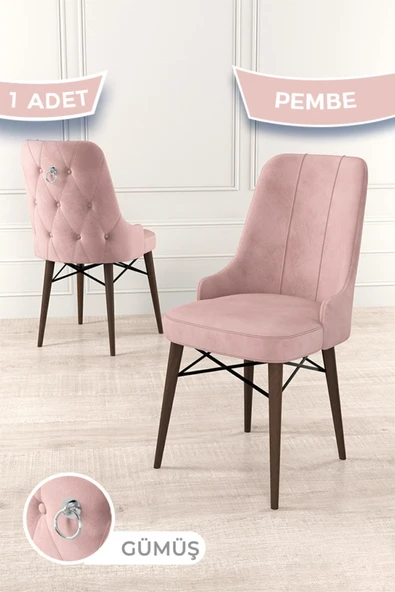 Canisa Concept Pare Serisi, Ceviz Gürgen Ayaklı, 1.sınıf Babyface Ithal Kumaş Pembe Sandalye, Gümüş Halka ürün görseli 1