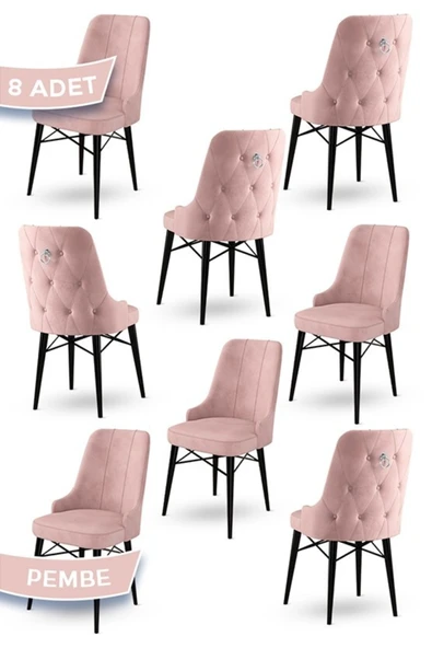 Canisa Pare Serisi, 8 Adet Pembe Sandalye 1.sınıf Babyface Kumaş, Siyah Gürgen Ayak, Gümüş Halkalı ürün görseli 1