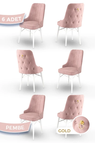 Canisa Pare Serisi, 6 Adet Pembe Sandalye, 1.sınıf Babyface Ithal Kumaş, Beyaz Gürgen Ayak, Gold Halkalı ürün görseli 1