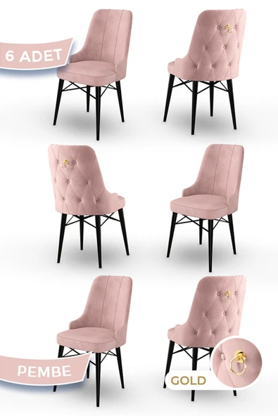 Canisa Pare Serisi, 6 Adet Pembe Sandalye, 1.sınıf Babyface Kumaş, Siyah Gürgen Ayak, Gold Halkalı ürün görseli 1