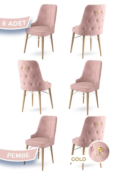 Canisa Pare Serisi,6 Pembe Sandalye 1.sınıf Babyface Ithal Kumaş , Doğal Ahşap Ayak Gold Halka ürün görseli 1